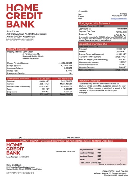 Download Kazakhstan Home Credit Bank Kazakhstan mortgage statement Word and PDF template Photoshop template
